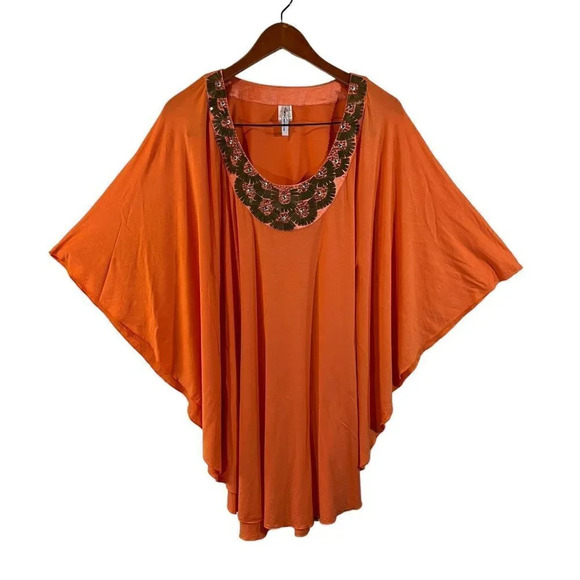 Kenneth Cole Orange Batwing Blouse Size Large Beaded Rhinestone Bling Flowy Top - Picture 1 of 9
